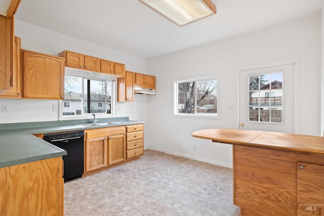 kitchen featuring black dishwasher, brown cabinets, a sink, and baseboards