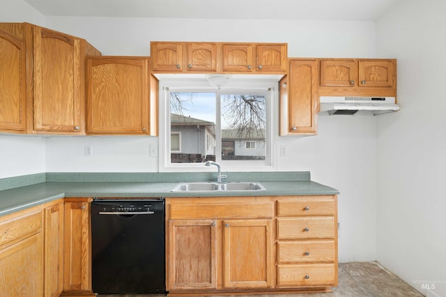 kitchen featuring dishwasher, light countertops, a sink, and under cabinet range hood