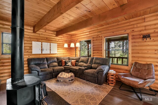 1221 Fox Rd, Cascade, ID 83611 - living room with a wood stove, log walls, wood finished floors, and wooden ceiling with exposed beams