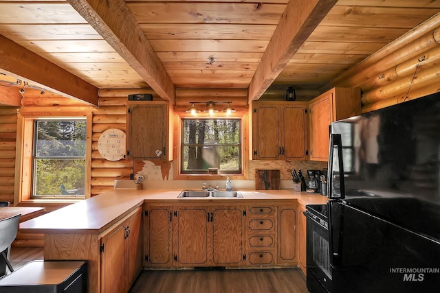 1221 Fox Rd, Cascade, ID 83611 - kitchen with black appliances, rustic walls, wooden ceiling with exposed beams, a sink, and light countertops
