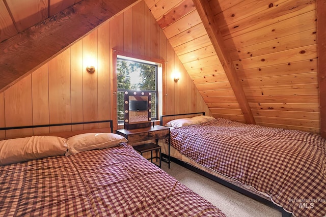 1221 Fox Rd, Cascade, ID 83611 - bedroom with carpet floors, wooden walls, and wood ceiling