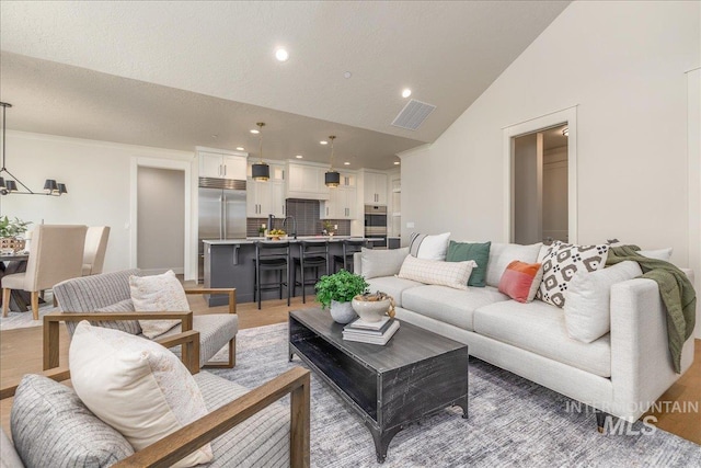 living room featuring sink and vaulted ceiling