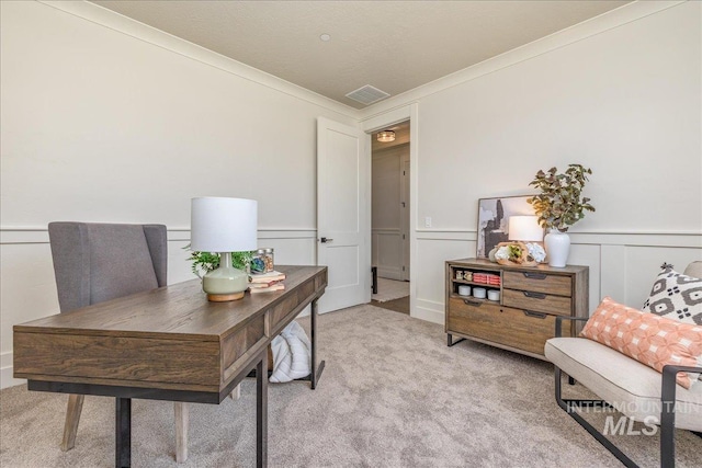 office area with light colored carpet and crown molding