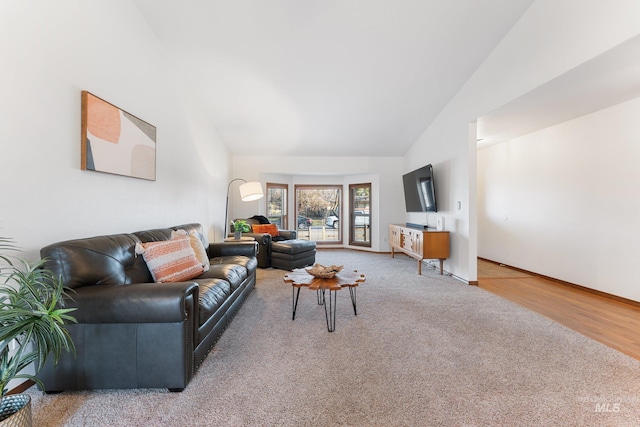 living area with wood finished floors, baseboards, carpet floors, and high vaulted ceiling