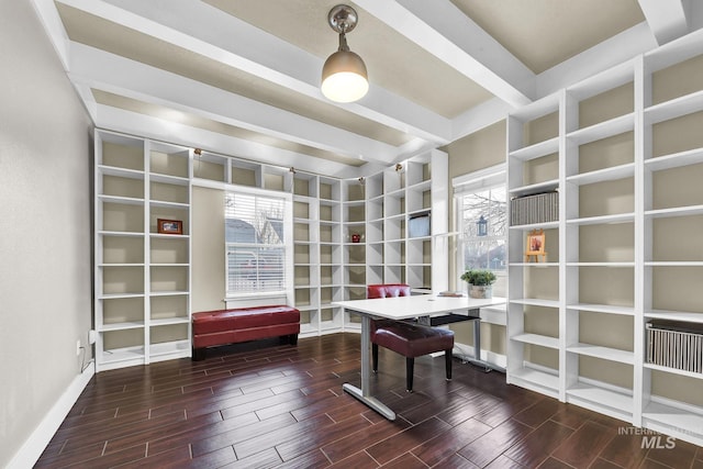 office with wood tiled floor, baseboards, and beamed ceiling