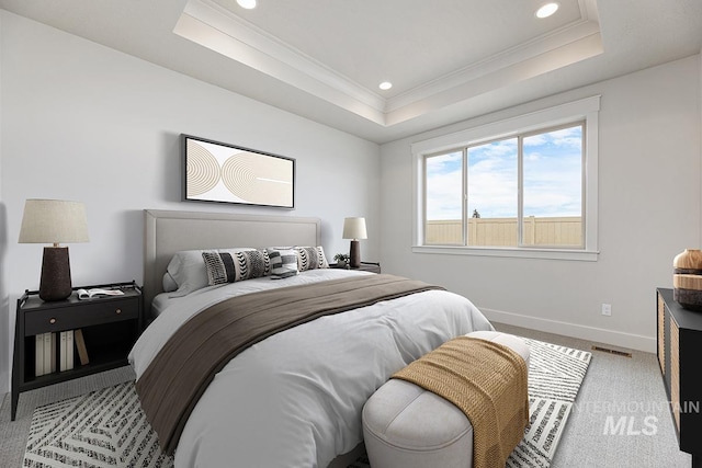 6998 S Tindaris Ave, Meridian, ID 83642 - bedroom featuring crown molding, light carpet, a raised ceiling, and recessed lighting