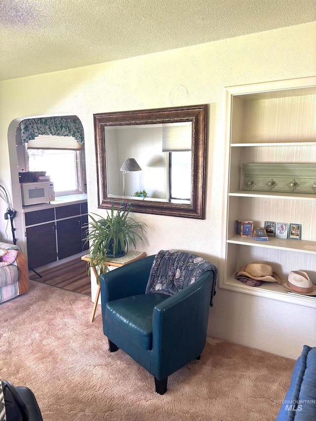 sitting room featuring carpet floors, a textured ceiling, and built in shelves