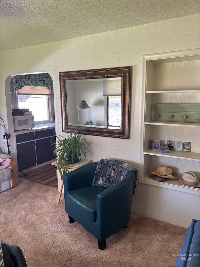 sitting room featuring carpet and built in shelves