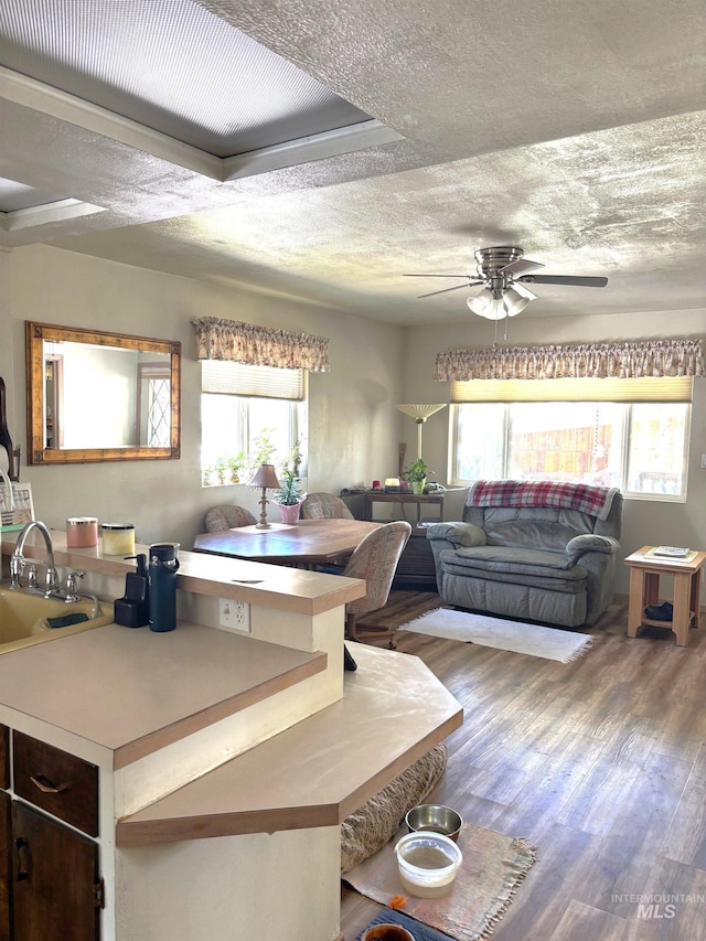 living area with ceiling fan, wood finished floors, and a textured ceiling