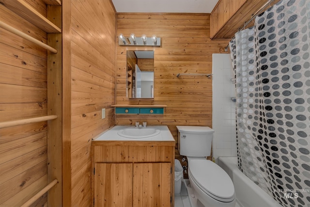 5132 S Council Bluffs Way, Boise, ID 83716 - full bathroom featuring toilet, vanity, wooden walls, and shower / bath combo with shower curtain