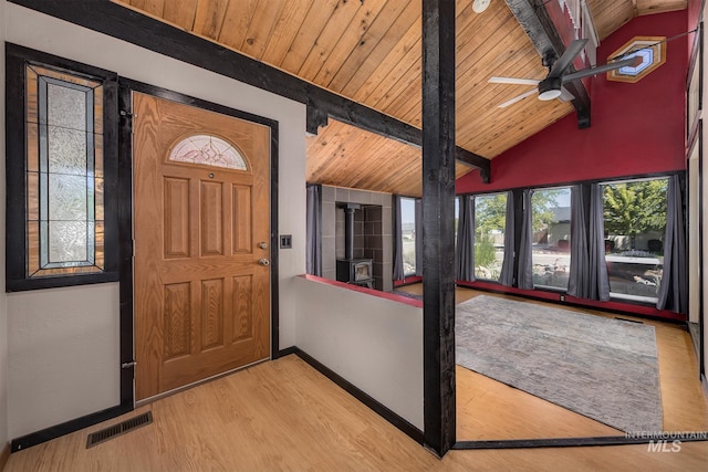 5132 S Council Bluffs Way, Boise, ID 83716 - entryway with a ceiling fan, wood ceiling with exposed beams, wood finished floors, baseboards, and high vaulted ceiling