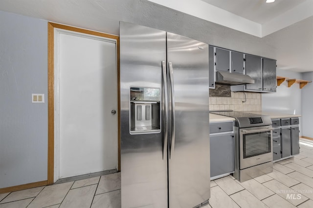 5132 S Council Bluffs Way, Boise, ID 83716 - kitchen featuring stainless steel appliances, under cabinet range hood, gray cabinetry, and decorative backsplash