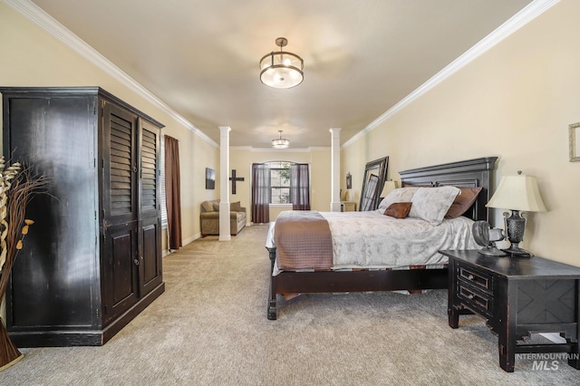 3408 Ridgeline Dr, Kimberly, ID 83341 - bedroom featuring decorative columns, crown molding, and light colored carpet