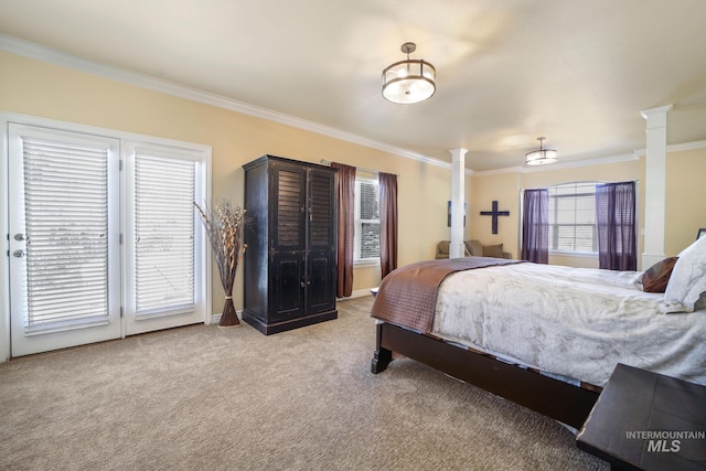 3408 Ridgeline Dr, Kimberly, ID 83341 - bedroom with crown molding, access to exterior, light colored carpet, and ornate columns