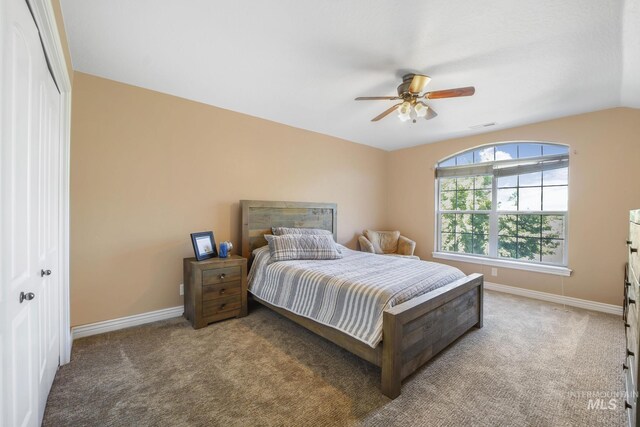 3408 Ridgeline Dr, Kimberly, ID 83341 - carpeted bedroom with baseboards, ceiling fan, visible vents, and vaulted ceiling