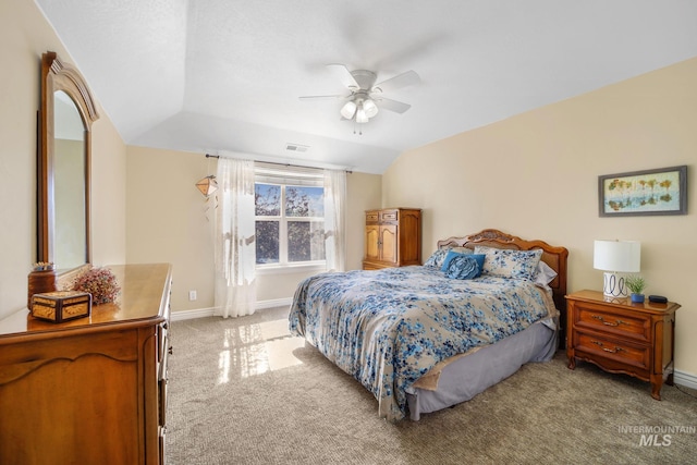 3408 Ridgeline Dr, Kimberly, ID 83341 - bedroom with lofted ceiling, light colored carpet, baseboards, visible vents, and a ceiling fan