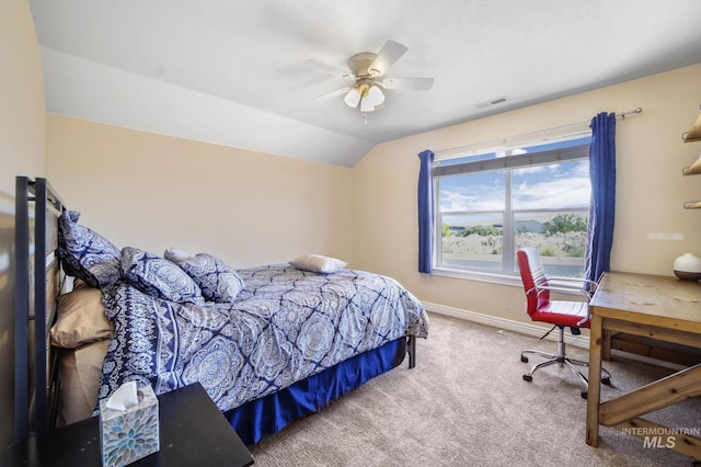 3408 Ridgeline Dr, Kimberly, ID 83341 - bedroom with vaulted ceiling, carpet floors, baseboards, visible vents, and ceiling fan