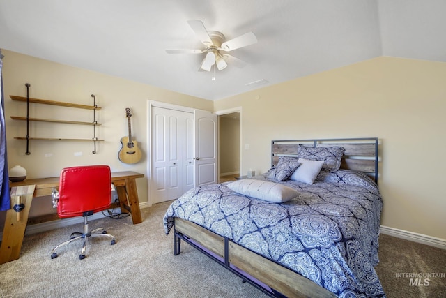 3408 Ridgeline Dr, Kimberly, ID 83341 - bedroom with lofted ceiling, carpet flooring, baseboards, ceiling fan, and a closet