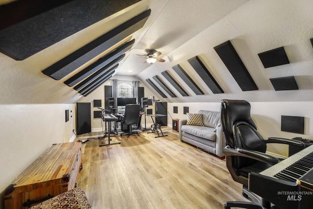 3408 Ridgeline Dr, Kimberly, ID 83341 - office area featuring baseboards, lofted ceiling, wood finished floors, and a ceiling fan