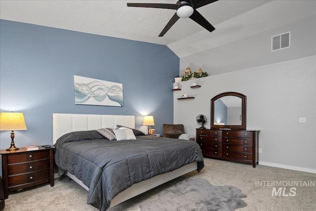 4226 E Tahiti St, Meridian, ID 83646 - bedroom featuring light colored carpet, vaulted ceiling, ceiling fan, and baseboards
