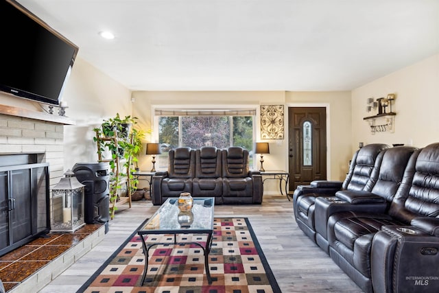 living room featuring a fireplace and light hardwood / wood-style flooring