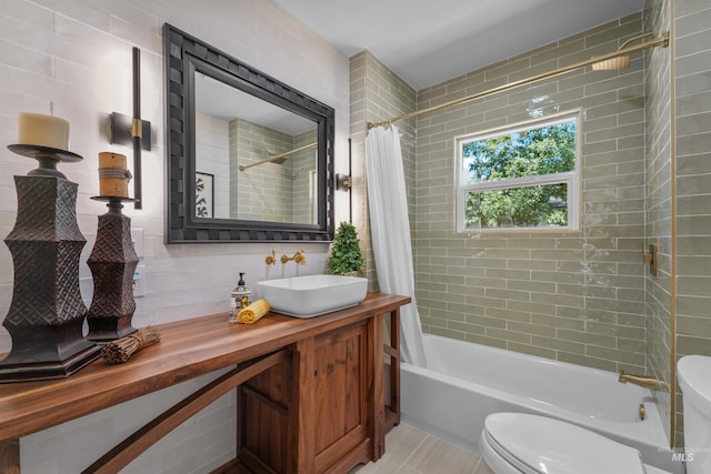 1924 Cleveland Blvd, Caldwell, ID 83605 - full bathroom featuring shower / bath combination with curtain, vanity, backsplash, and tile patterned floors