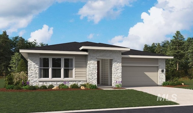 5801 W Escalante, Eagle, ID 83616 - prairie-style house with an attached garage, stone siding, a front lawn, and concrete driveway