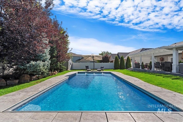 view of swimming pool with a fenced in pool, fence, a lawn, and a pergola