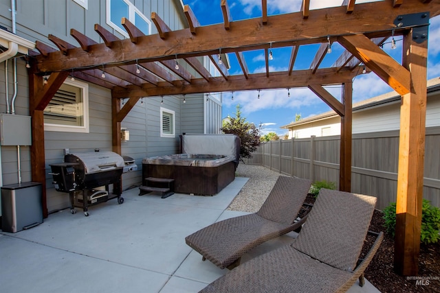 2649 E Mardia St, Meridian, ID 83642 - fenced backyard with grilling area, a patio, a pergola, and a hot tub