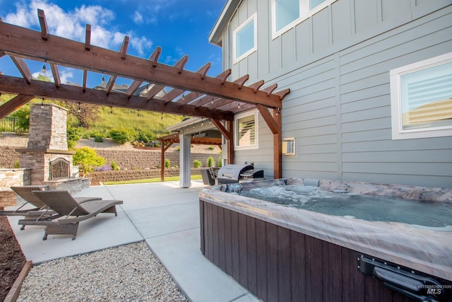 2649 E Mardia St, Meridian, ID 83642 - view of patio / terrace featuring an outdoor stone fireplace, a hot tub, grilling area, and a pergola