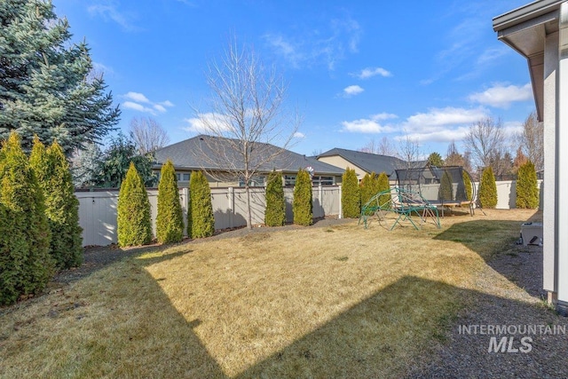 view of yard with a fenced backyard and a trampoline