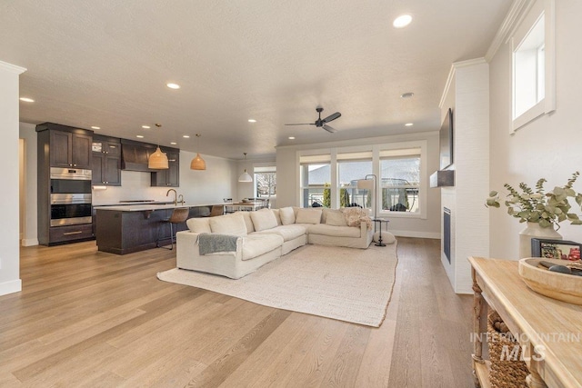 living area with baseboards, a textured ceiling, crown molding, light wood-style floors, and recessed lighting