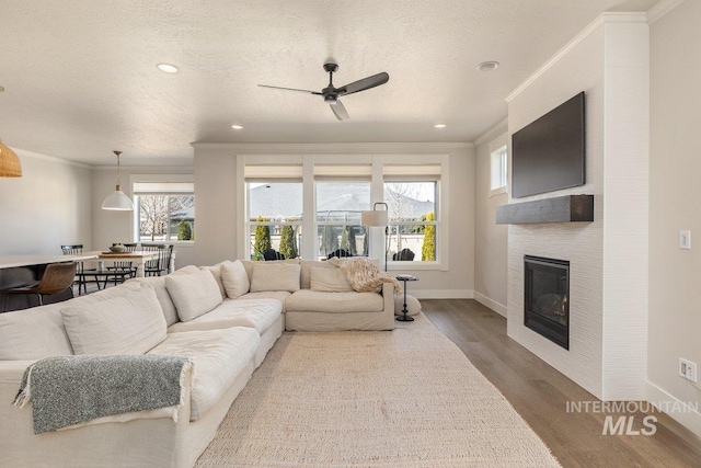 living room with a healthy amount of sunlight, crown molding, wood finished floors, and a glass covered fireplace