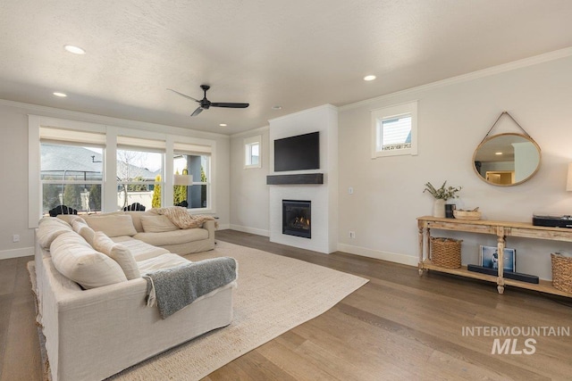 living area with ornamental molding, a large fireplace, baseboards, and wood finished floors