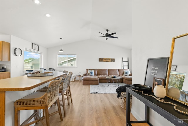 living room featuring light wood finished floors, vaulted ceiling, and ceiling fan