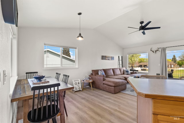 living area featuring vaulted ceiling, a ceiling fan, and light wood-type flooring
