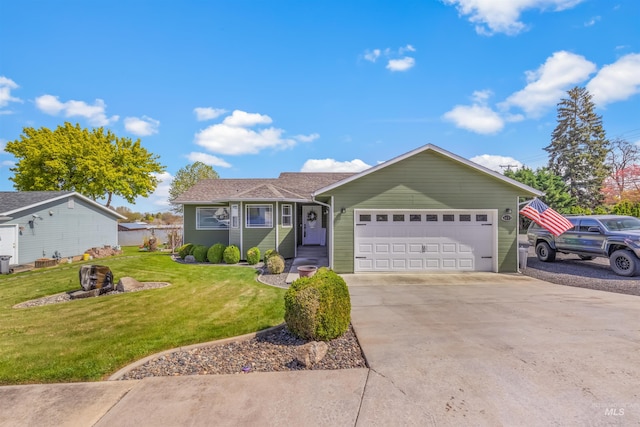 ranch-style home with concrete driveway, a front lawn, and a garage