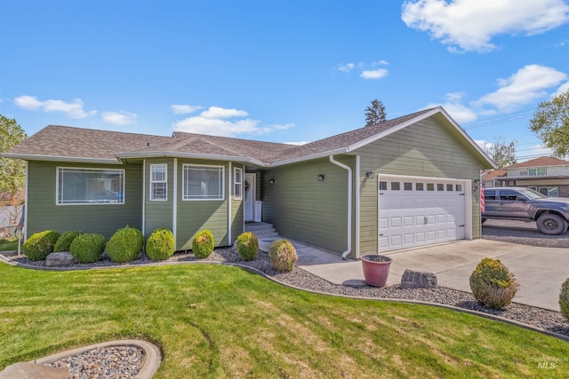 single story home with an attached garage, a front lawn, roof with shingles, and driveway