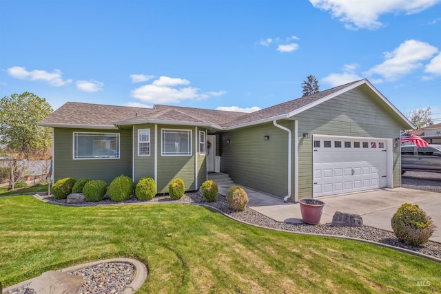 single story home with driveway, a front yard, a shingled roof, and a garage