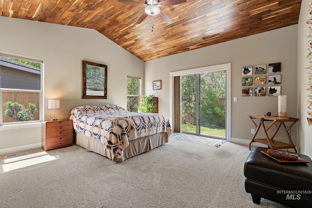 bedroom with wood ceiling, lofted ceiling, access to outside, and light carpet
