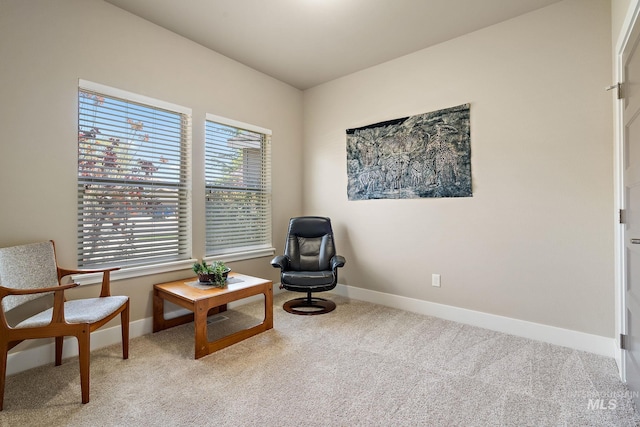 living area featuring carpet floors and baseboards
