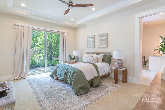 1049 E Riversong Dr, Eagle, ID 83616 - bedroom with access to exterior, light colored carpet, ornamental molding, a raised ceiling, and recessed lighting
