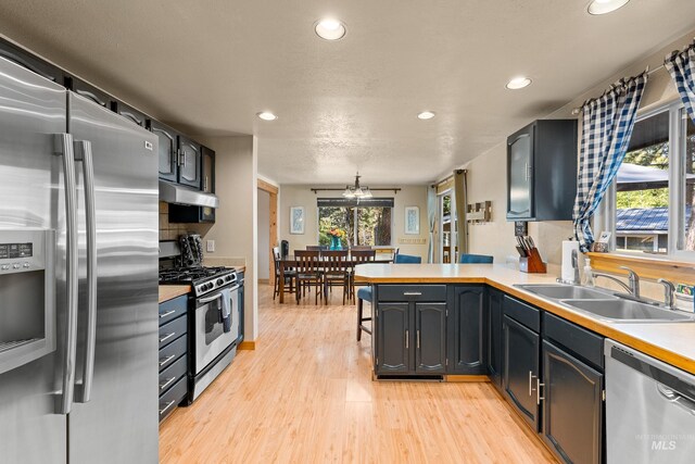 305 Gabi Ln, Mccall, ID 83638 - kitchen with a sink, a peninsula, light wood finished floors, recessed lighting, and stainless steel appliances