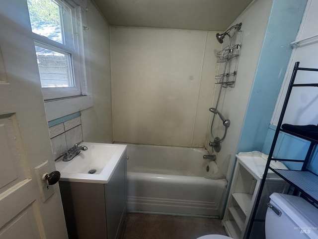 0203 22nd St, Lewiston, ID 83501 - bathroom with toilet, shower / bathtub combination, vanity, and decorative backsplash