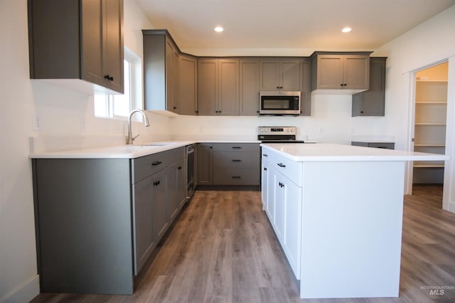 kitchen featuring hardwood / wood-style floors, gray cabinetry, and a center island