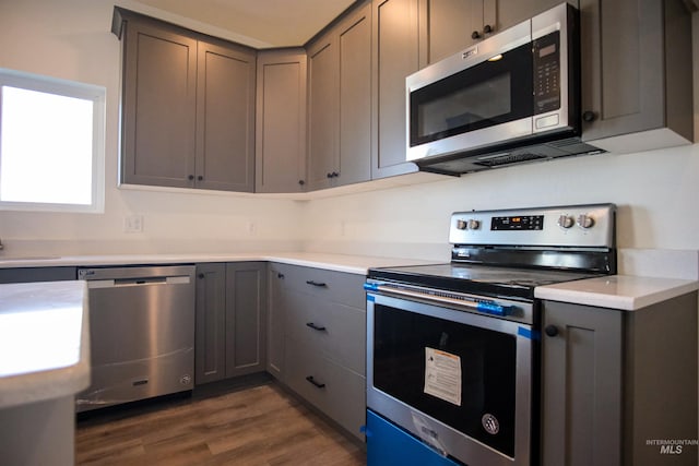 kitchen with gray cabinetry, stainless steel appliances, and dark hardwood / wood-style floors