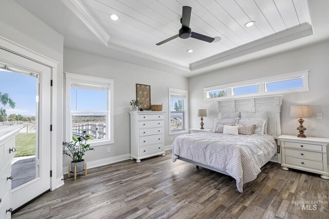 4064 China Ridge Dr, Kimberly, ID 83341 - bedroom featuring a tray ceiling, access to outside, wood finished floors, multiple windows, and recessed lighting