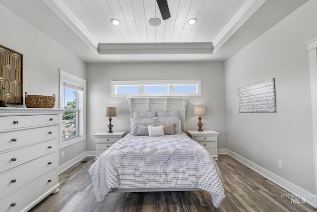 4064 China Ridge Dr, Kimberly, ID 83341 - bedroom with a raised ceiling, baseboards, wood finished floors, ornamental molding, and recessed lighting