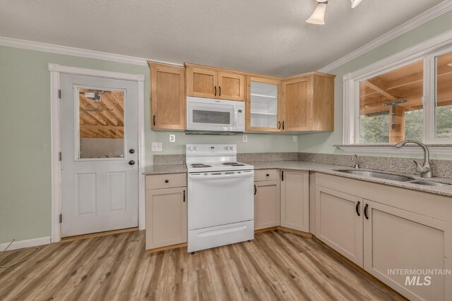 2445 Orchard Rd, Council, ID 83612 - kitchen with white appliances, a sink, crown molding, light wood-style flooring, and glass insert cabinets