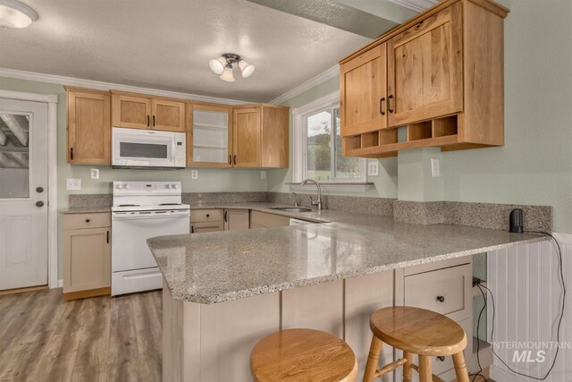 2445 Orchard Rd, Council, ID 83612 - kitchen with white appliances, a peninsula, a sink, ornamental molding, and glass insert cabinets